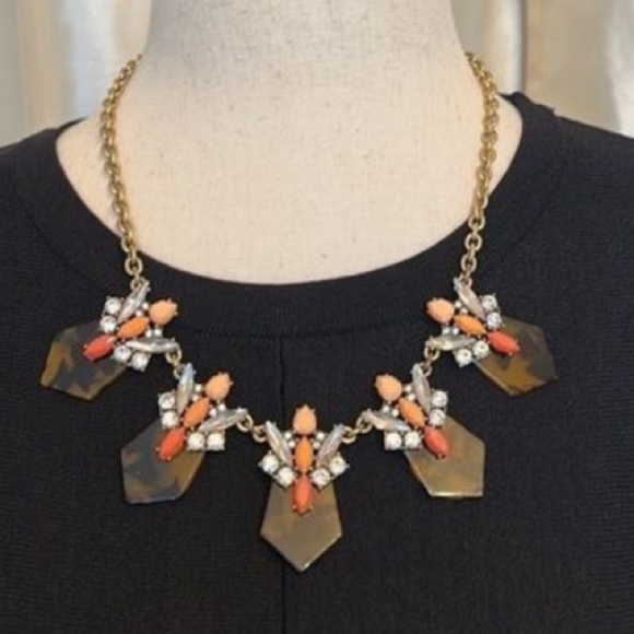 J.Crew Necklace Gold Tone Tortoise Rhinestone Statement Orange Opaque Brown EUC - Picture 1 of 6